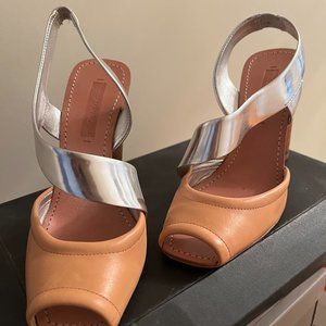 BCBGMAXAZRIA High Heels Womens Size 7.5M Henia Tan/Metallic Leather Heels